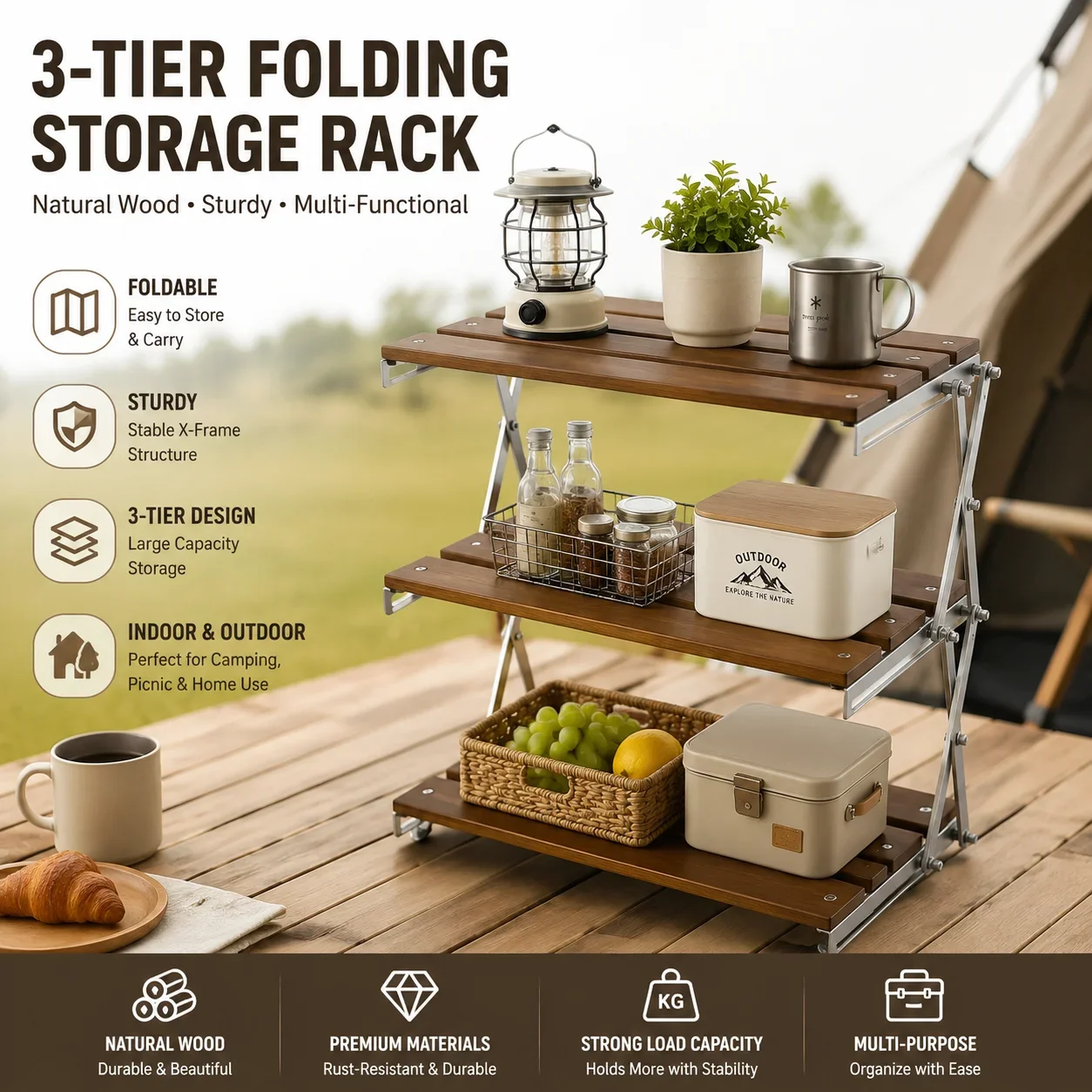 Camping Folding Storage Rack 3-Tier Natural Wood Desktop organizing Rack Multi-Function Indoor Outdoor Household Storage Shelf