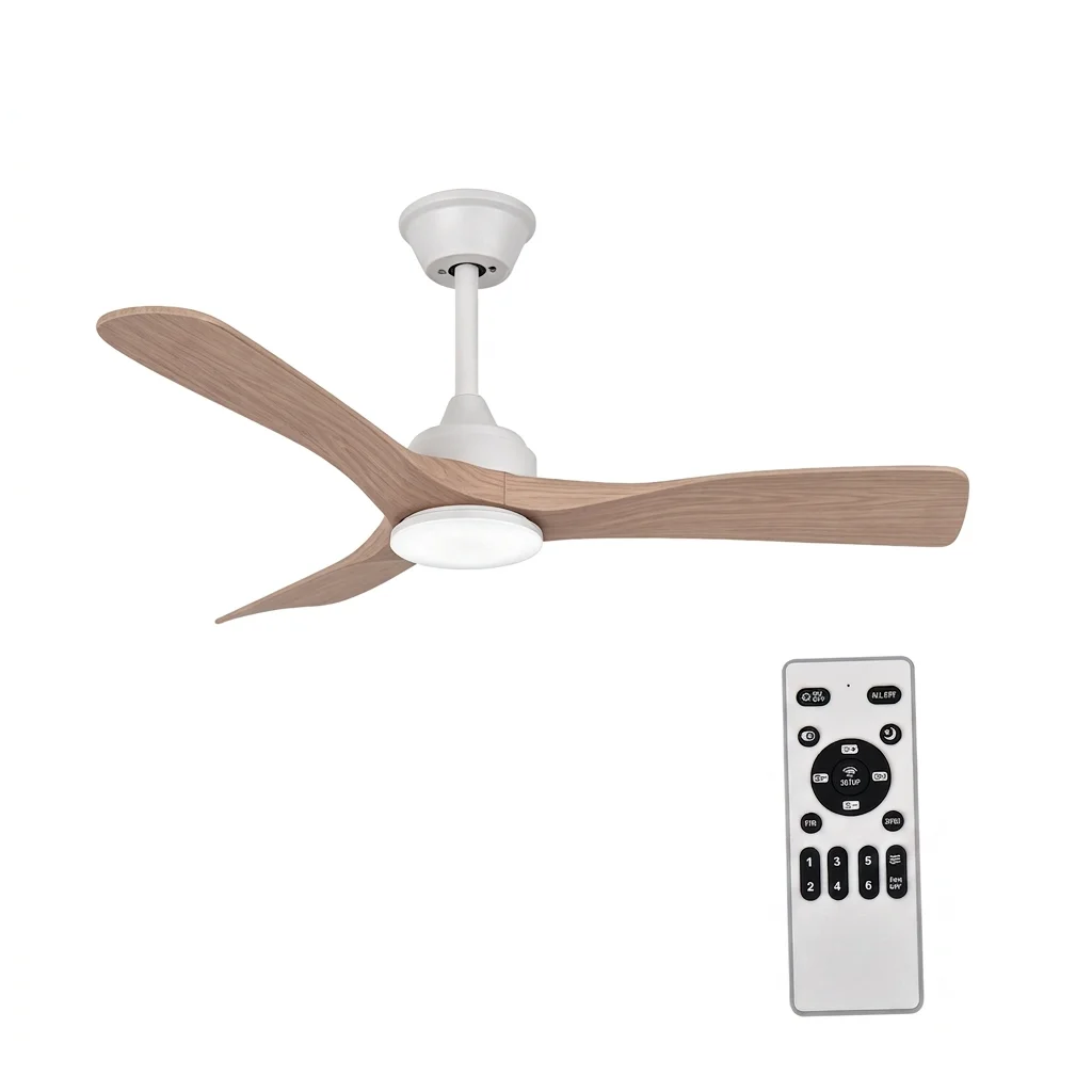 Ventilatore da Soffitto con Luce LED Dimmerabile 106cm (42"), Motore DC Silenzioso con Telecomando, 3 Pale in Plastica ABS (Bianco/Effetto Legno), Stile Nordico