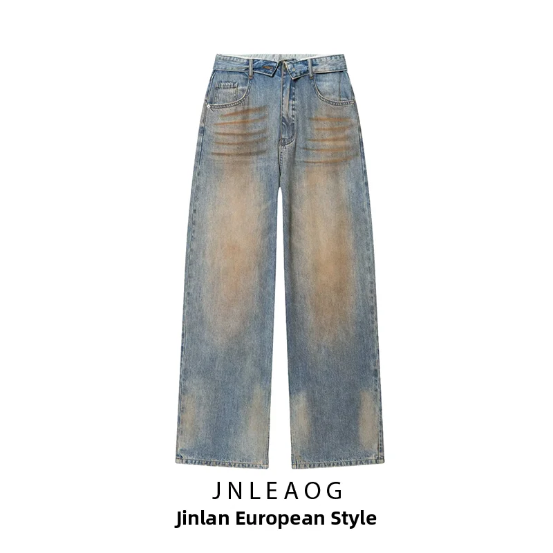 JNLEAOG Summer New Women's Casual Vintage High Waist Cuffed Hole Denim Jeans Loose Leggings Style Natural Waist Button Closure