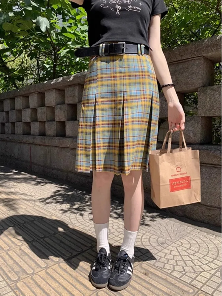 

Korobov Contrast Color Plaid A-line Skirt Women Clothing Vintage Preppy Skirts Sweet Age Reduction Waist Slimming Plaid Skirt