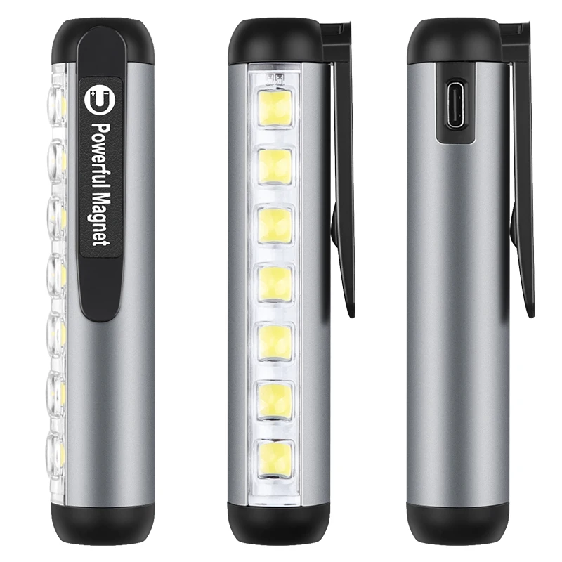 Mini LED Flashlight TYPE-C Charging With Clip Magnet Multi-function Waterproof Work Light Portable Warning Camping Torch Light