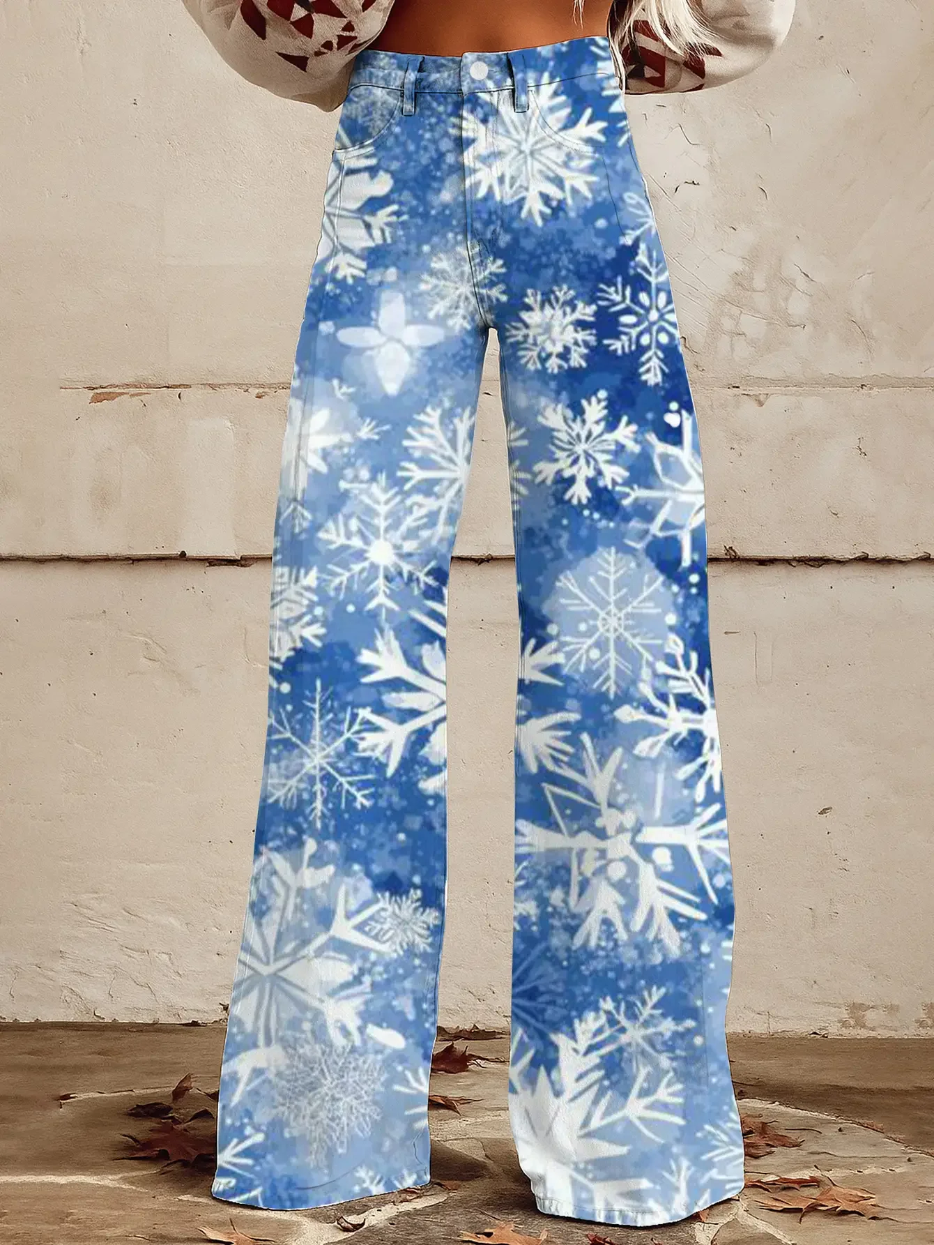Ladies' high waisted micro elastic digital printed denim wide leg pants, versatile patterns