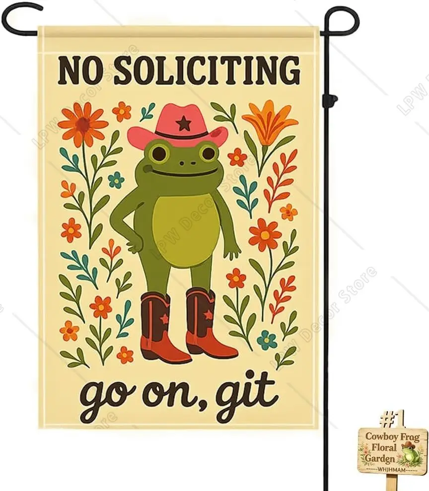 Cowboy Frog Floral Garden Flag  No Soliciting Outdoor Yard Banner Funny Western Frog Garden Decor with Pink Hat Red Boots
