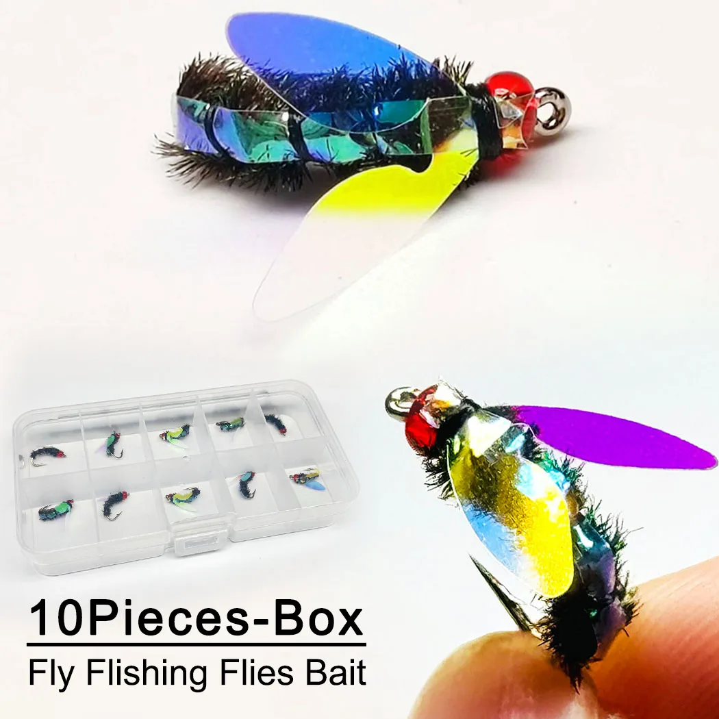 10 Teile/schachtel Fliegenfischen Fliegen Laser Doppel Geflügelte Fliegen Köder Künstliche Trockenfliegen Nymph Fliegen Köder für Bass Fishing Forelle locken