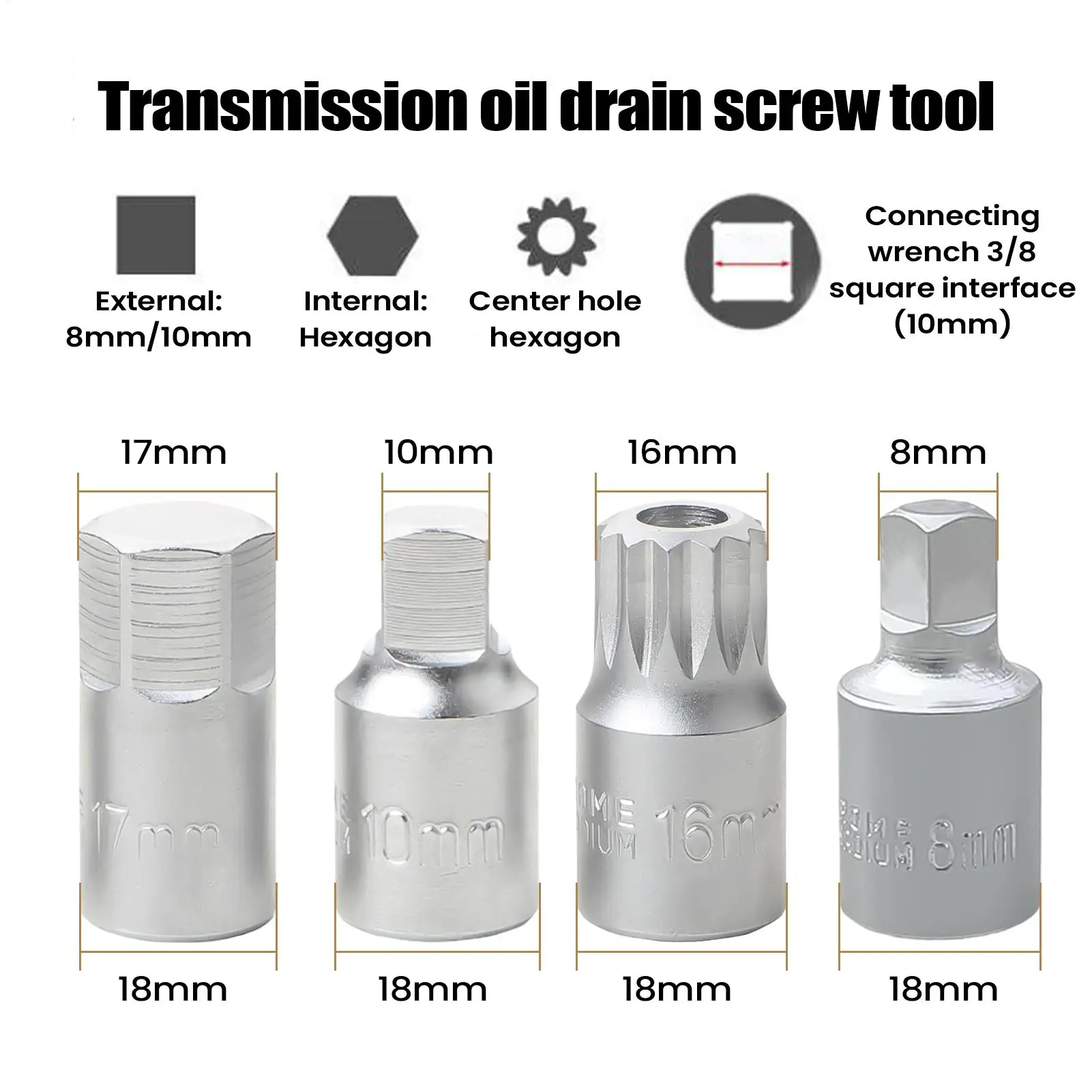 1pc Oil Sump Drain Socket Wrench For M16 H17 S8 S10 3/8 Drive Auto Repairing Gearbox Screw Wrench Metal Gearbox Oil Drain Screw