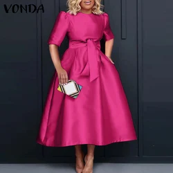 VONDA-vestido Midi de satén de talla grande 5XL para mujer, elegante vestido de manga corta informal con cinturón, bata larga holgada de Color liso para verano 2024