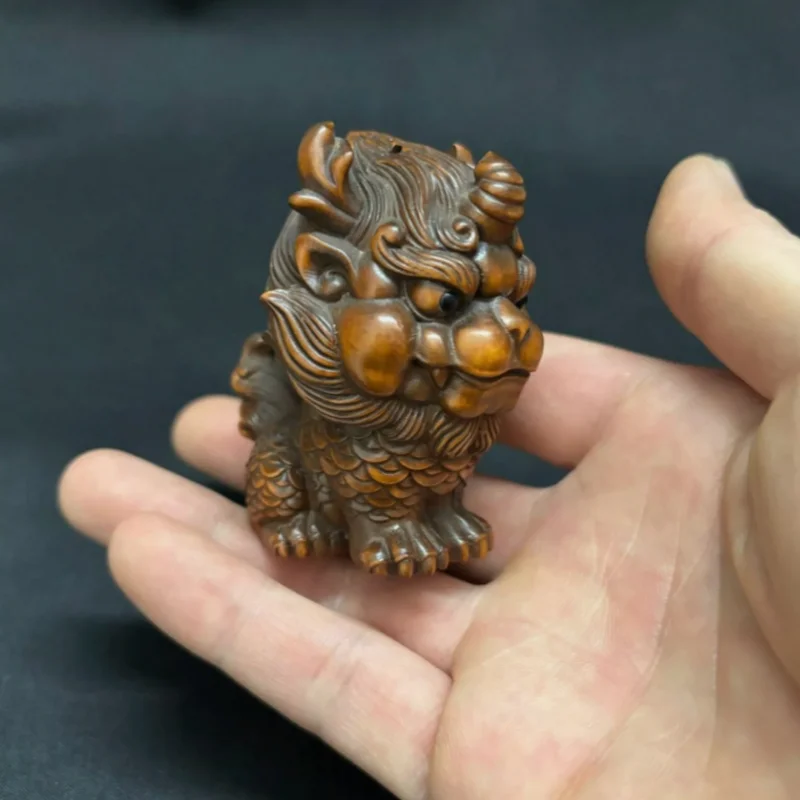 chinese boxwood carving wooden ornament unicorn statue lion figurine decor art