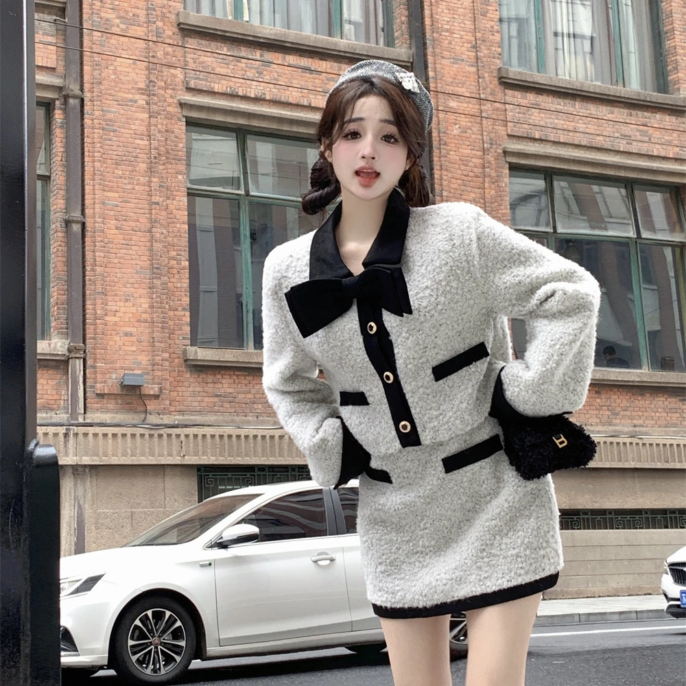 

Autumn and Winter Women's Tweed Suit High-quality Celebrity Temperament Short Blazer Tweed Jacket Mini Skirt 2pcs Matching Set