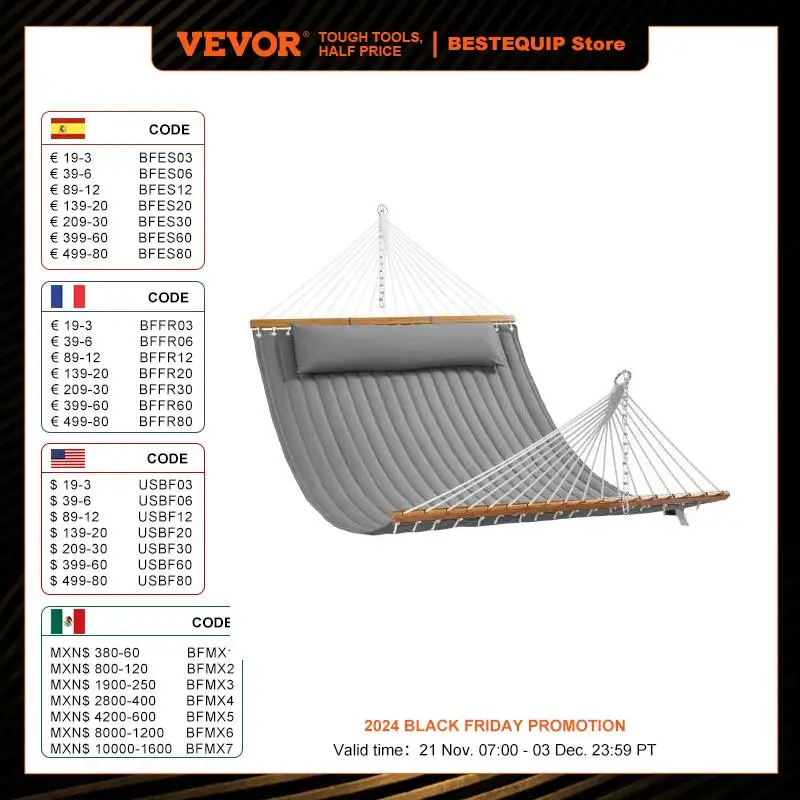 VEVOR Double Quilted Fabric Hammock Double Hammock w/ Hardwood Spreader Bar Quilted Hammock for Camping Outdoor Patio Yard Beach