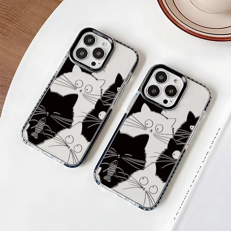 เคสโทรศัพท์แบบใสกันกระแทกลายฝูงแมวสีขาวดำสำหรับ iPhone15Pro 14 13มินิ12 11 XR 78 14PLUS SE3 xsmax เคสนิ่ม