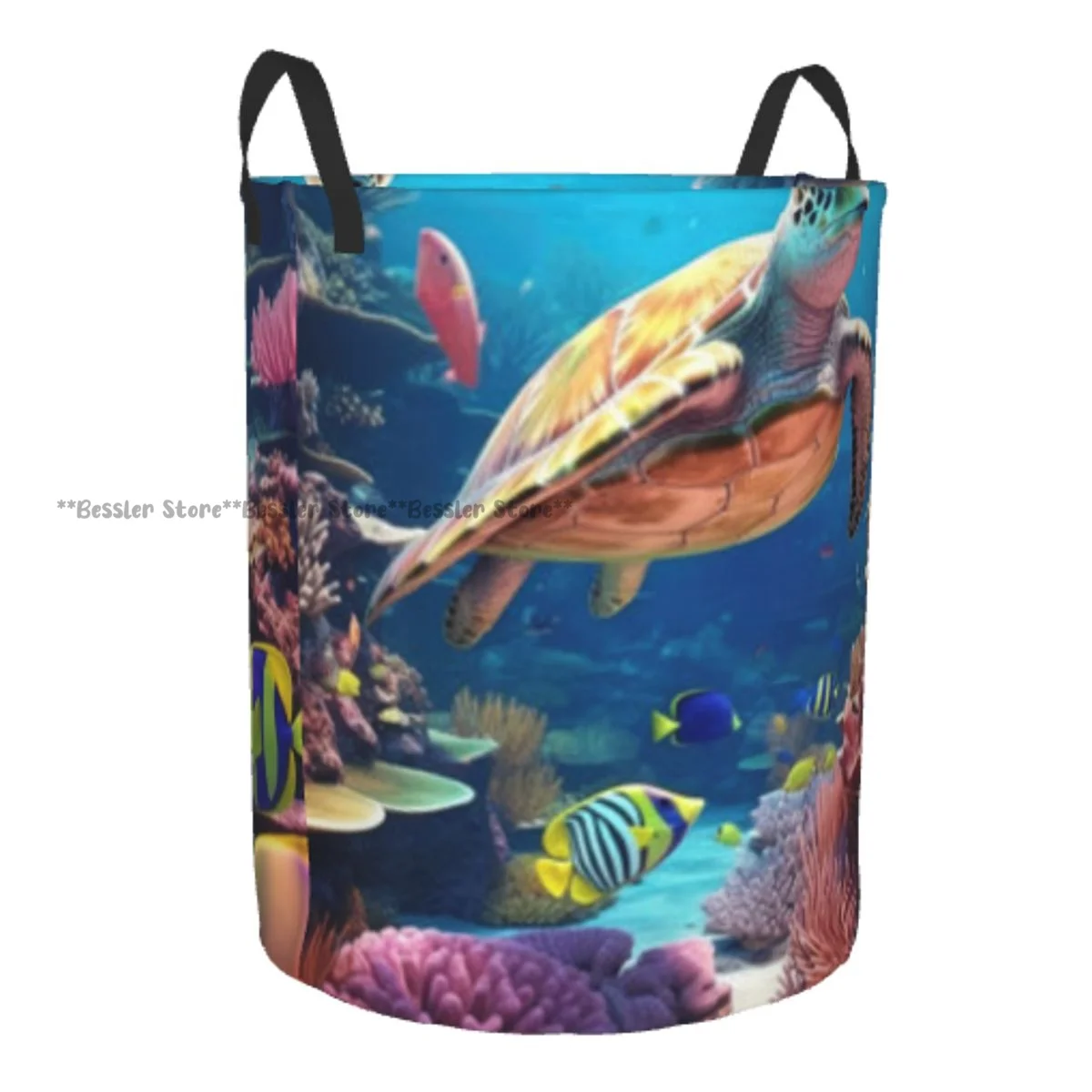 Laundry Basket Marine Life Colorful Coral Reef With Turtle Image Round Storage Bin Collapsible Hamper Clothes Bucket Organizer