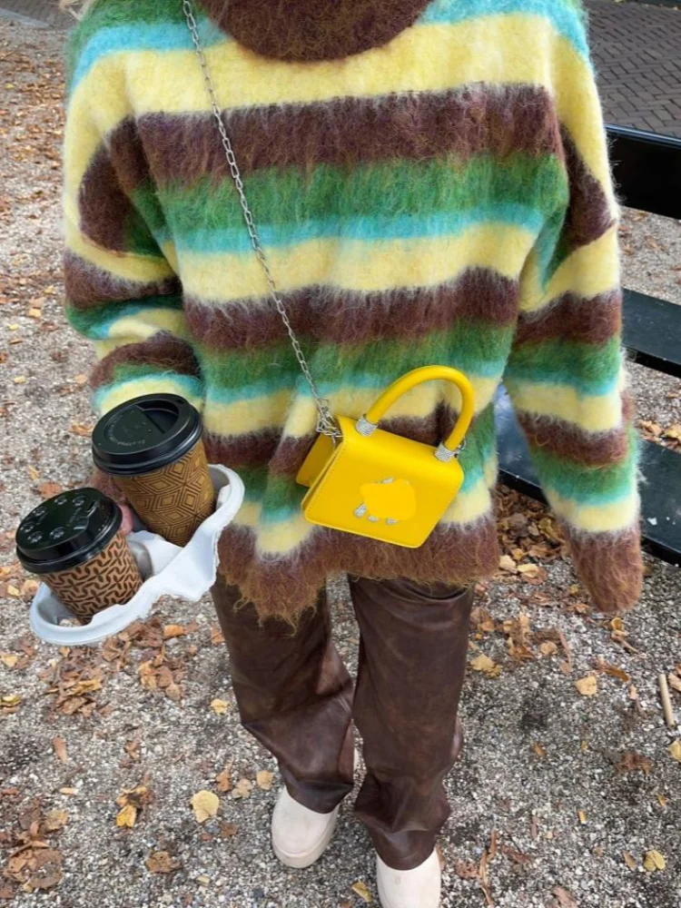 Suéteres de rayas coloridos a la moda Casual Chic 2025 Otoño Invierno traje suelto cuello redondo cálido suéter de punto estilo Maillard