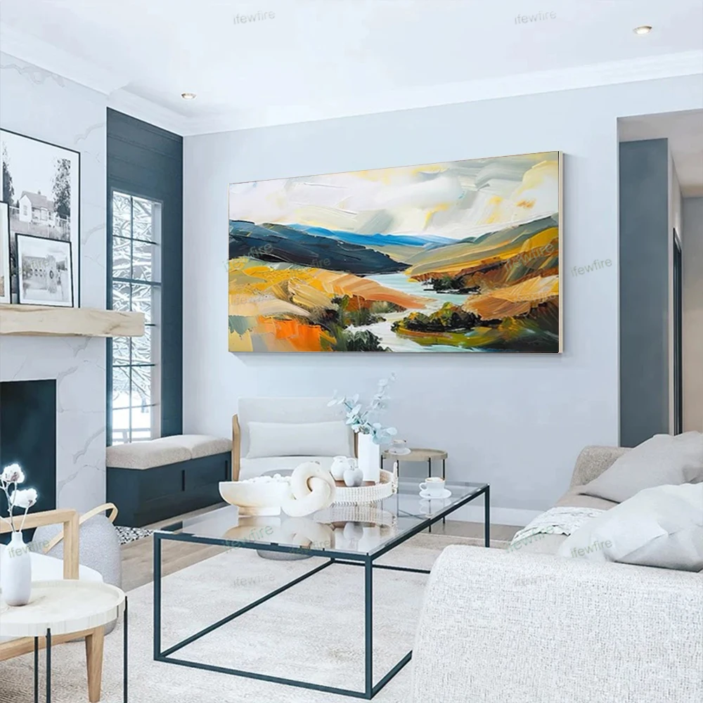 

Hand-painted Oil Painting on Canvas Modern Abstract urban architectural landscape mural golden texture outline map home Decor