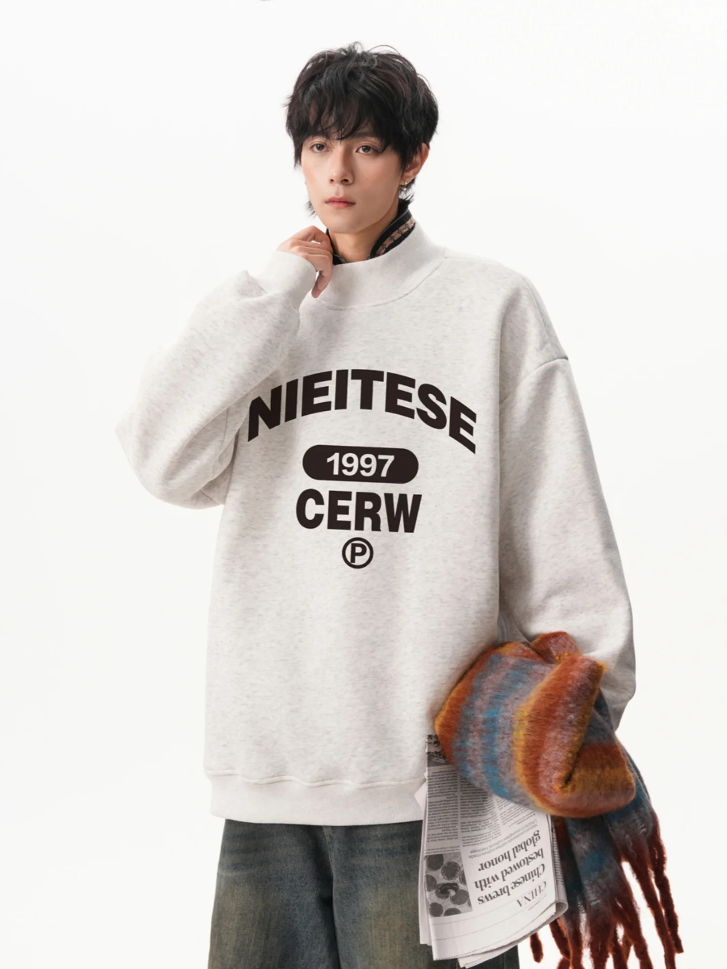 

Loose Fit Printed Sweatirt High Ne Long Sve Overhead Men's Autumn Sport Sle Comfortable Casual Faion Top