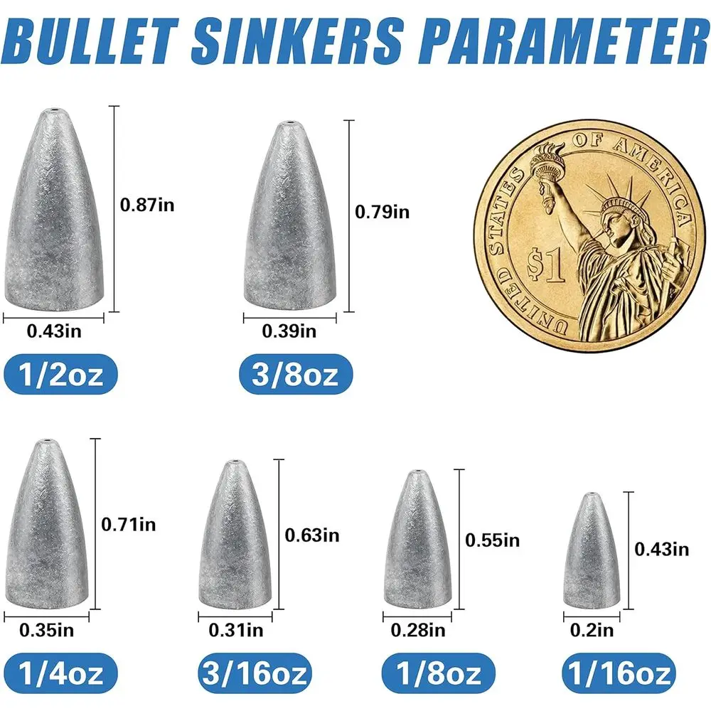 50 pacotes de chumbadas de pesca em formato de bala para baixo, água salgada e equipamento de água doce, ideais para arremesso, lançamento e equipamentos texas