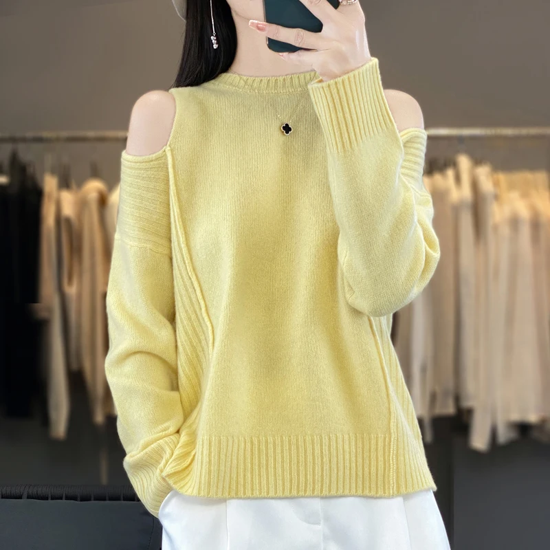 

Women's 100% Pure Wool Sweater Round Neck Loose Off-The-Shoulder Knit Pullovers Fashion Warm Pit Strip Tops Autumn Thick Jacket
