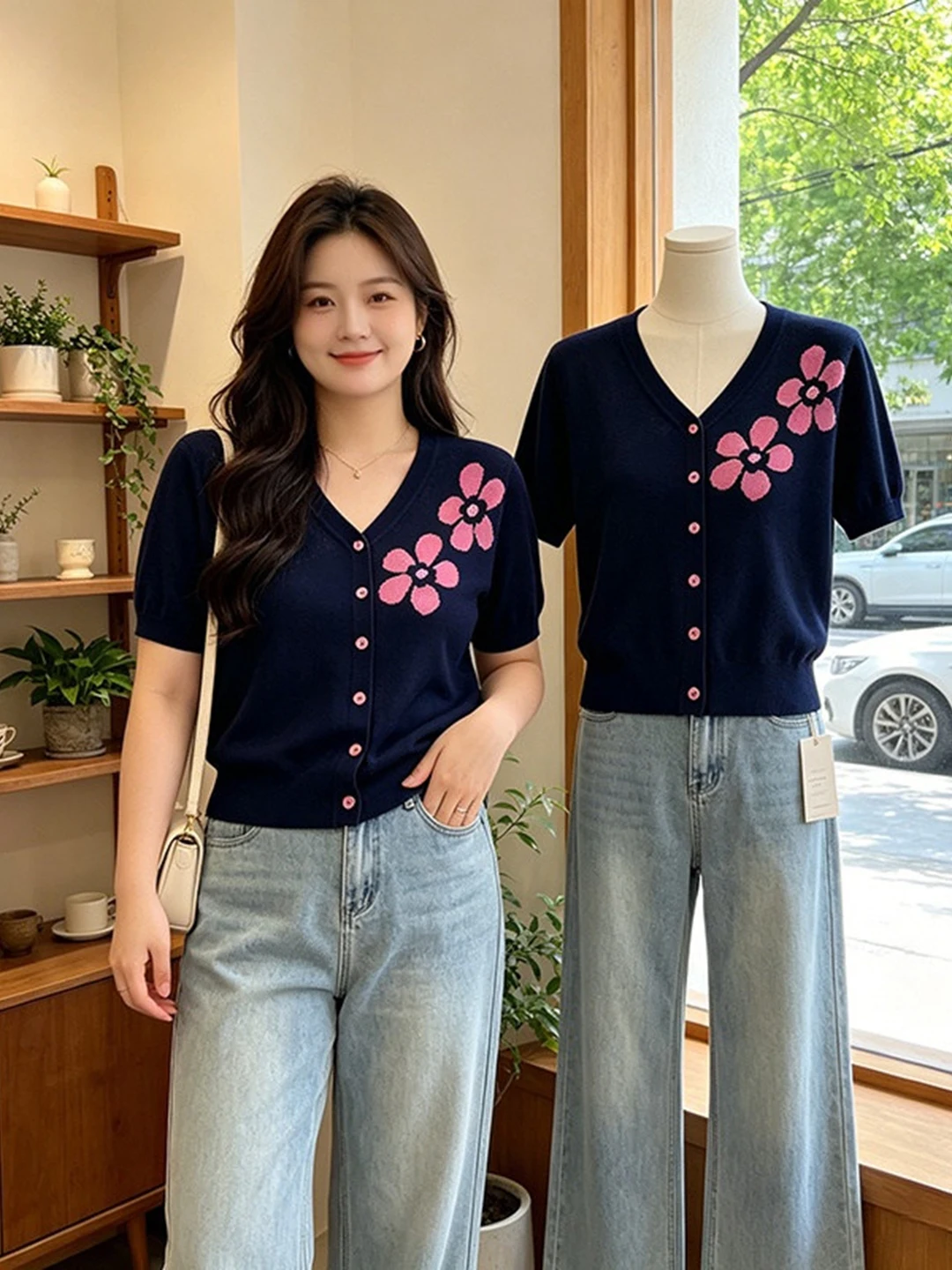 

Loose Knitted Short Sleeve V-Neck Cardigan Women's plus Size Summer Fashion Top in Dark Blue with Floral Pattern
