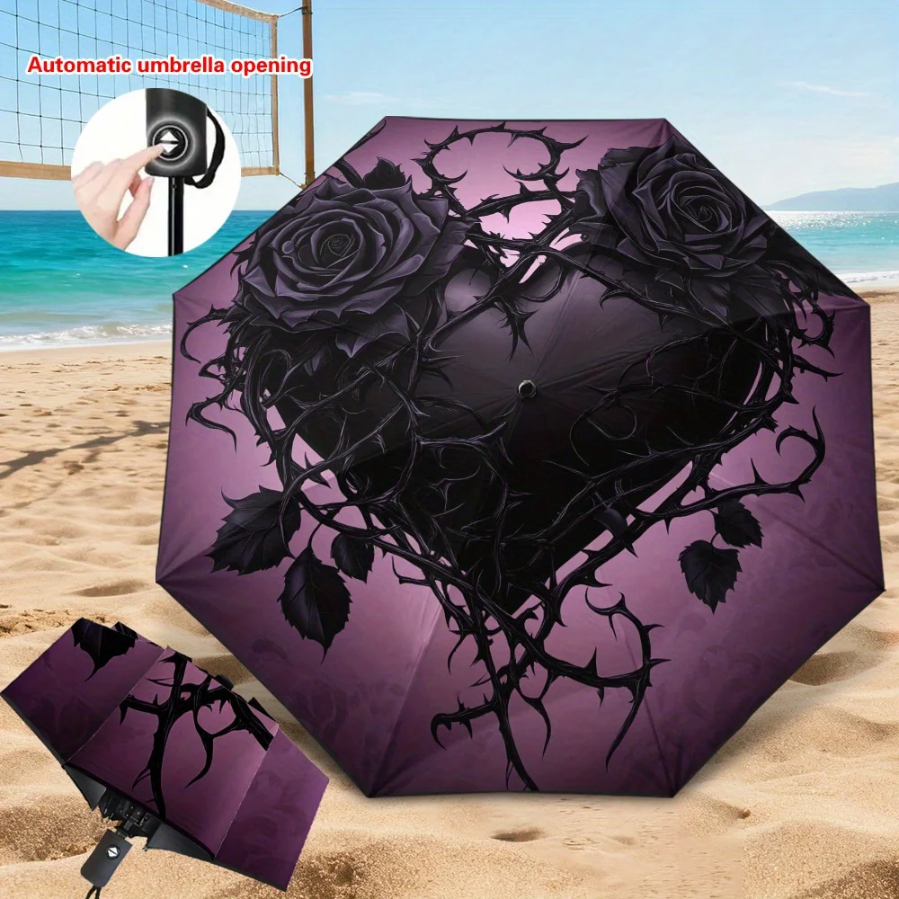 1pc Automatic Open/Close Umbrella with Dark Rose Gothic Heart Design - Burgundy Purple & Black Rose Pattern, 8-Rib Reinforced