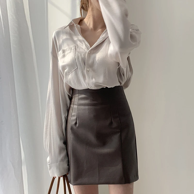 Conjunto de Falda  de Cintura Alta y Csa de Manga Larga Vintage Chic de Cuero PU, Moda Femenina E con Cuello Ca...