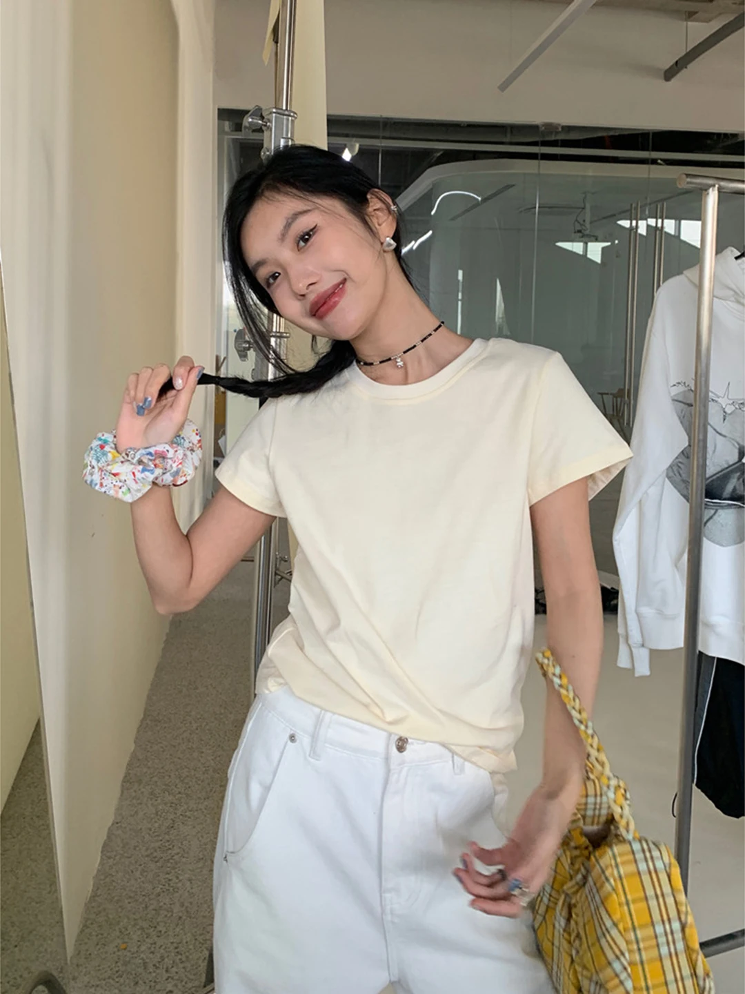 Pure Cotton Short Sleeve T-Shirt Women Summer Shoulder Milk Yellow Top Small Design Base White Shirt Trendy Loose Fit round Neck