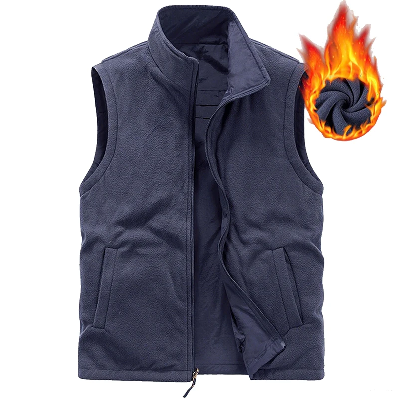 Men Winter New Fleece Warm Thick Vest Jacket Outdoor Photography Fishing Windproof Waistcoat Stand Collar Multi-Pocket Vest Male