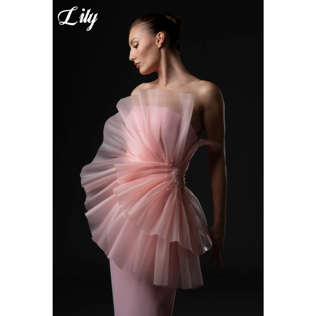 Lily Elegant Pink Prom Dress Strapless 3D Draped Organza Ruffle Bodycon Column Evening Gown With Beaded Accent Colors Customized