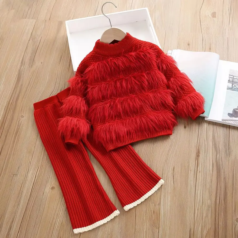 Girls' Autumn Winter Knitted Sweater And Wide Leg Pants Two-Piece Set Straight Leg Pants Children's Fashion Outfit