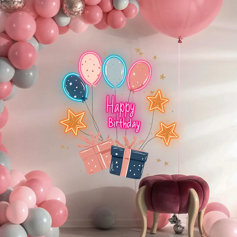 Happy Birthday Neon Sign with Balloons and Gifts, Colorful LED Wall Light, Perfect for Birthday Party Decor and Celebration Gift