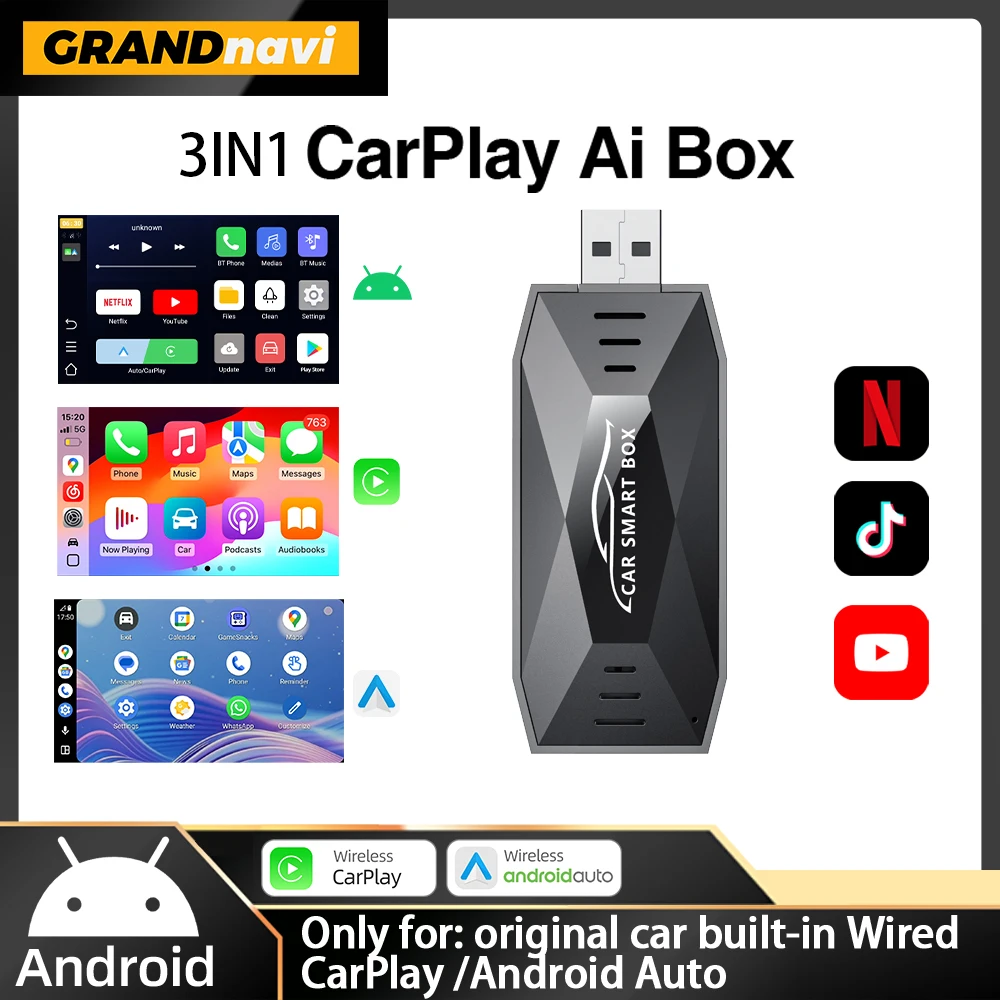 3in1 Ai Box Android System CarPlay Wireless Android Auto USB Adapter For Youtube Netflix For VW Kia Toyota Ford Mazda