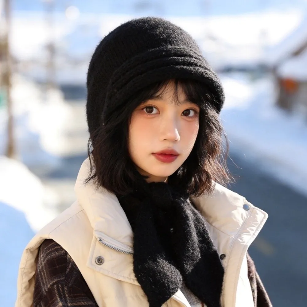 Simple Wool Knitted Balaclava Hat Beanie Warm Hat and Scarf 2-in-1 Soft Thickened Earflap Hat Winter/Autumn 2