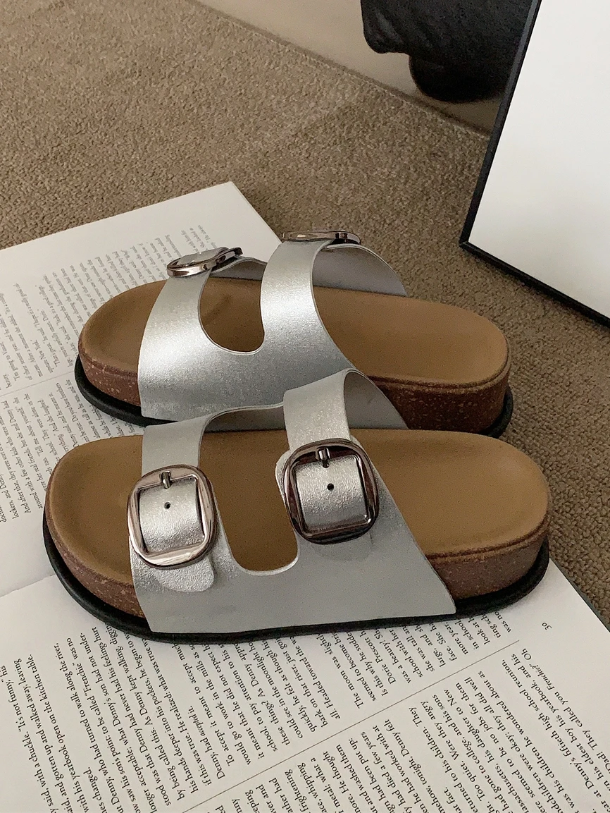 

Cork Slippers Silver Double Strap Sandals For Summer Instagram Fashion Thick Soled Women's Outdoor Anti Slip Beach Slippers