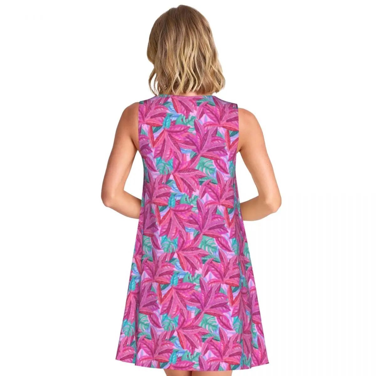 Cute Beach Leaf Tank Dress Pink Leaves Print Sleeveless Modern Dresses Women O Neck Simple Dress Day Pattern Clothes Gift Idea