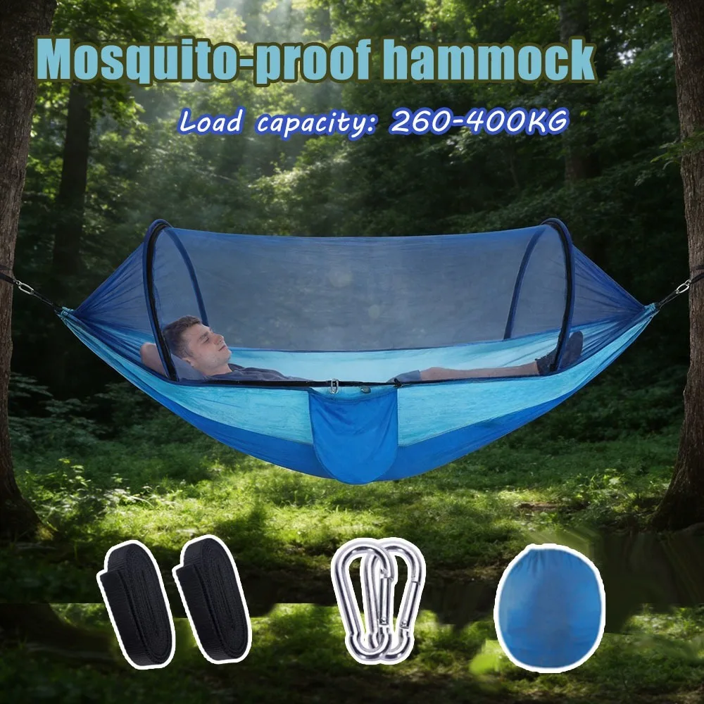 Automatic Quick Open Mosquito Net Hammock For Outdoor Double Anti Bug Anti Rollover Camping Travel With Pole And Sun Shade Cover