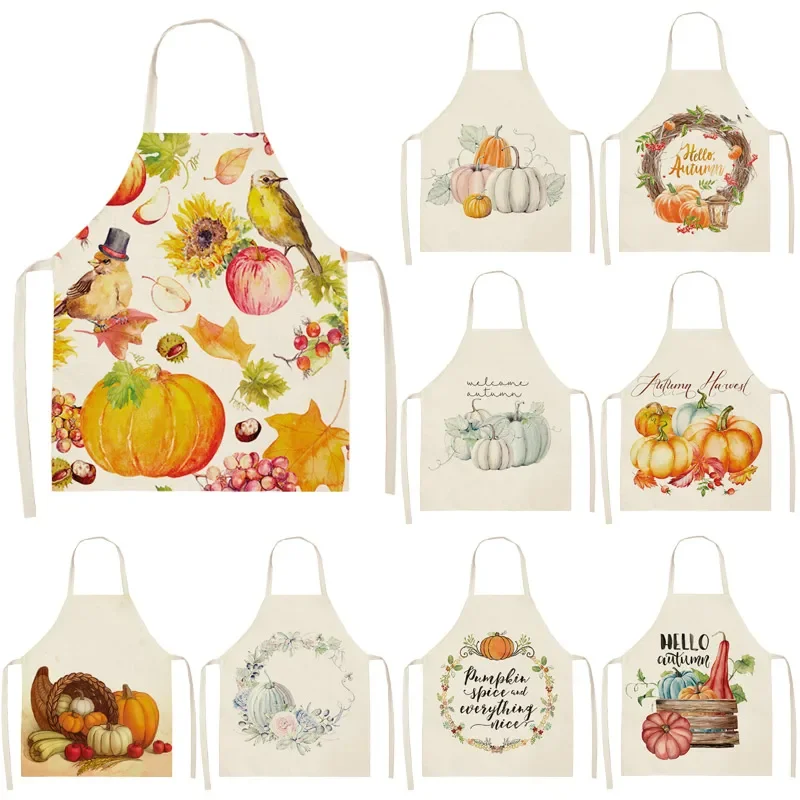 1Pcs Orange Pumpkin Printed Kitchen Cotton Linen Aprons for Women Home Cooking Baking Waist Bib Pinafore 53*65cm Deco WQ0179