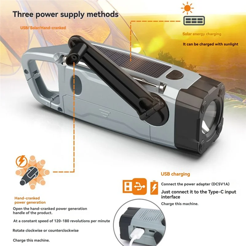 Y45A-Multi-Function Solar Emergency Radio With AM/FM/WB Bands Large Flashlight Hand-Crank Generator Portable Phone Charger SOS A
