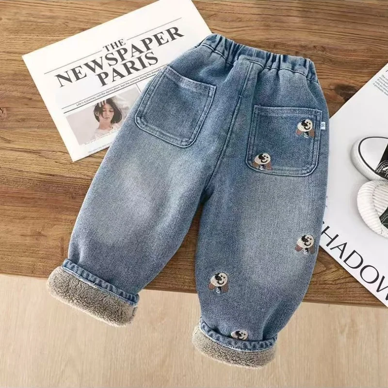 

Children's Lambskin Jeans Winter New Style Cute Cartoon Embroidery Warm Casual Pants For Both Men and Women, Children's Pants