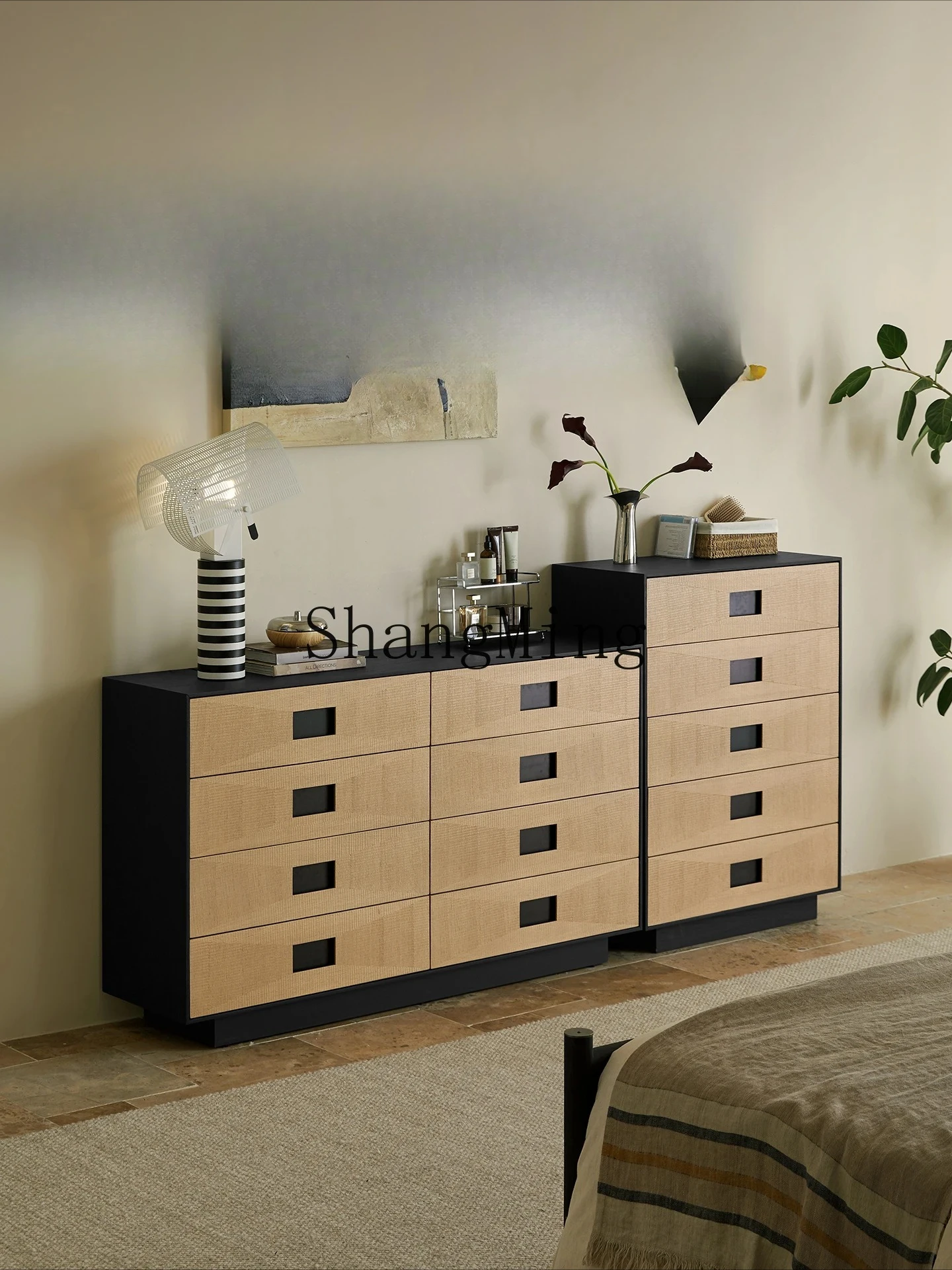 FG solid wood living room eight-bucket drawer cabinet black log wabi wind bedroom bedside storage side cabinet