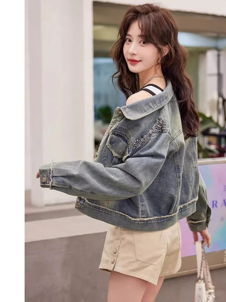 SMTHMA High-Quality Retro Fringed Luxury Pearl Denim Short Jacket Women\'s Clothing 2026 New Spring Autumn Casual Soft Jacket Top