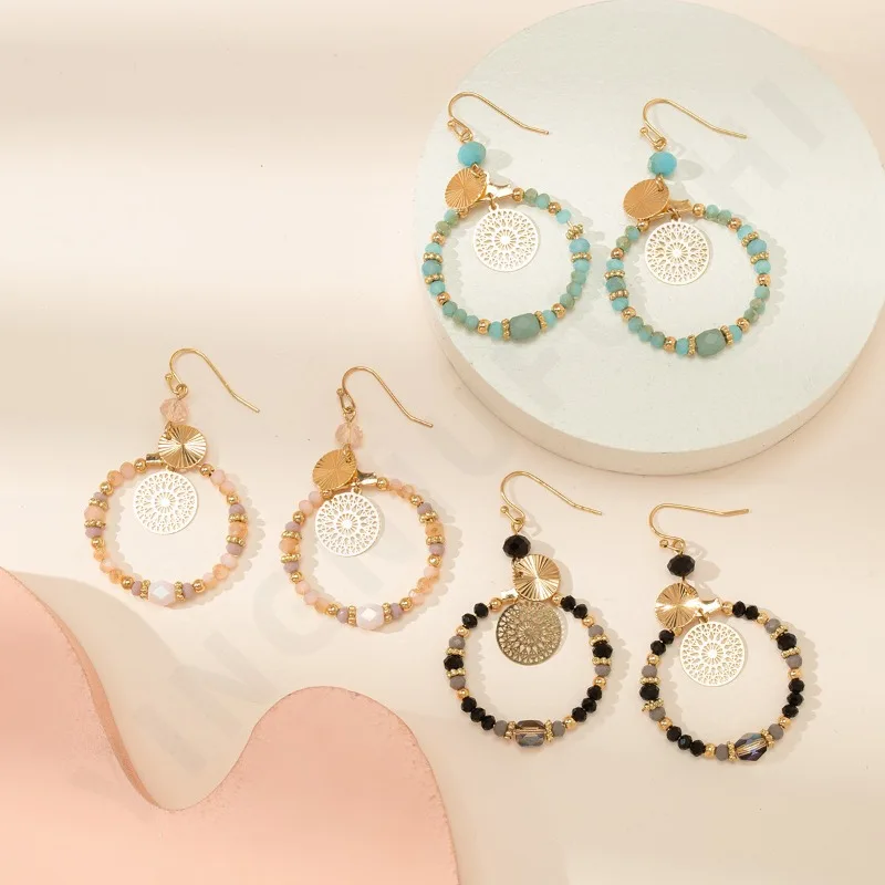 

New Crystal Mixed Color Round Brand Hollow Pendant Earrings, Fashionable Women's Style Earrings, Ear Accessories