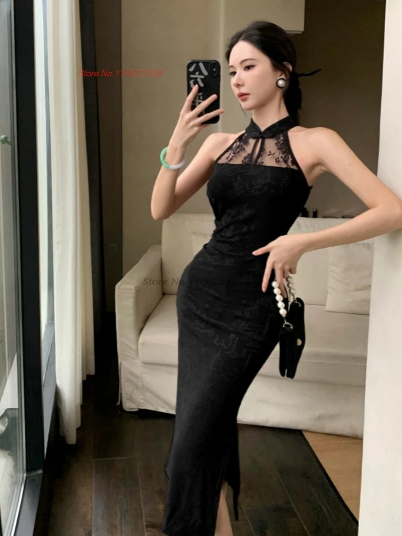 

2025 chinese improved cheongsam sexy sleeveless qipao lace patchwork embossing qipao nightclub dress retro evening banquet dress