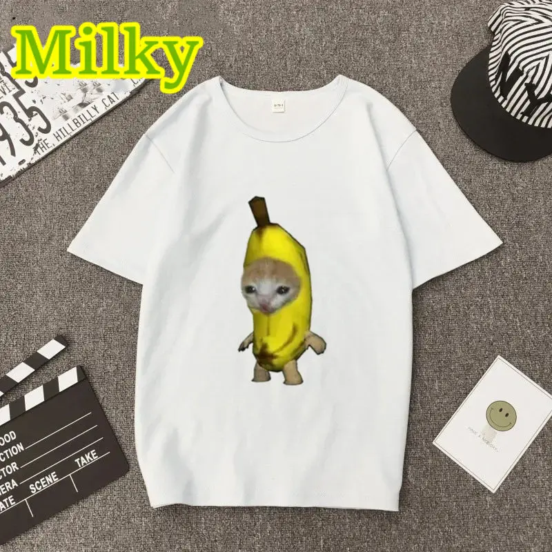 

Banana Cat T-shirts Women Funny Meme Cat Tshirt Cartoon Happy Bananacat Short Sleeve Summer T-shirt Oversize Women Clothes Tees