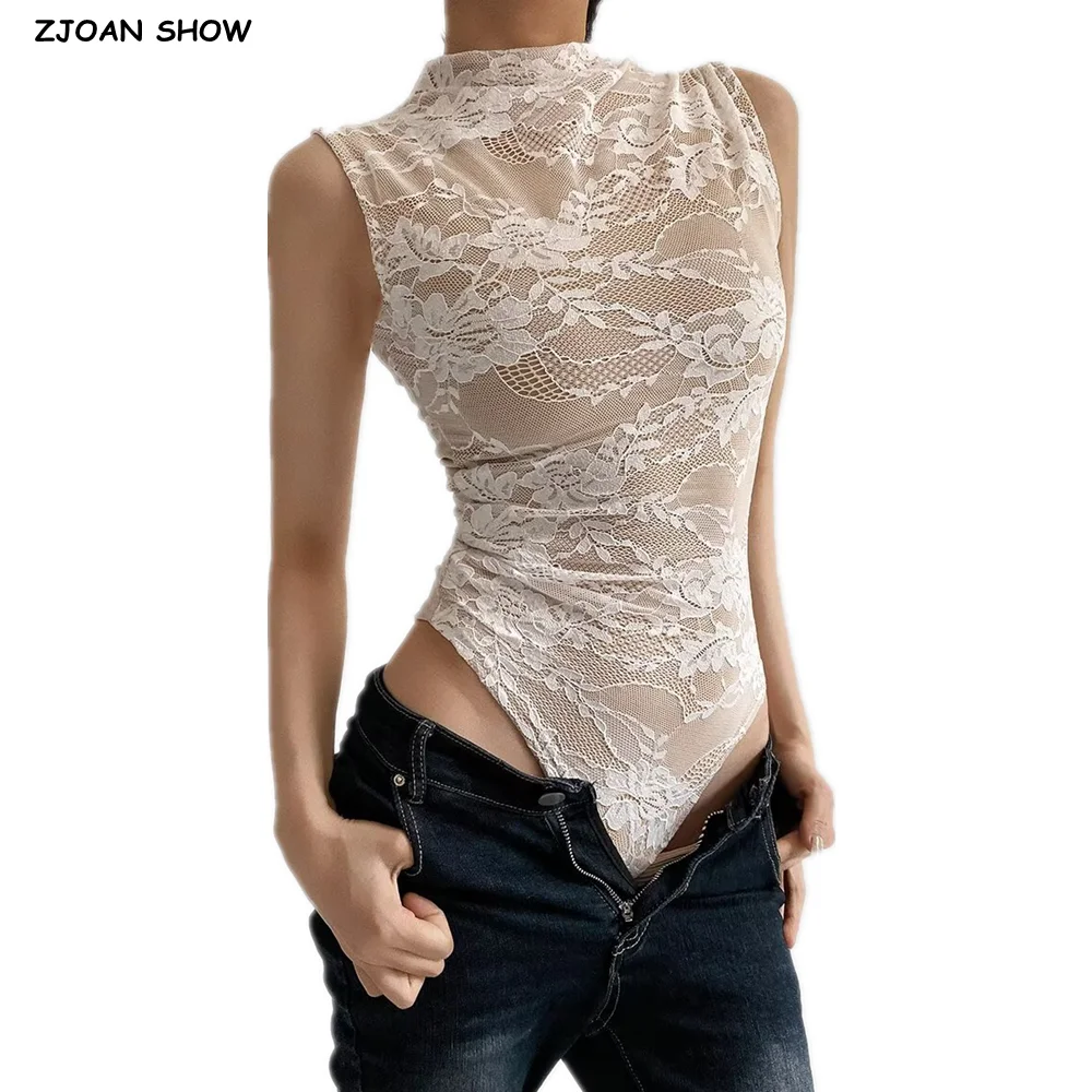 2 Colors Autumn See Through Lace With Lining Stand Collar Sleeveless Bodysuit Sexy Woman Jumpsuit Slim Rompers Playsuits