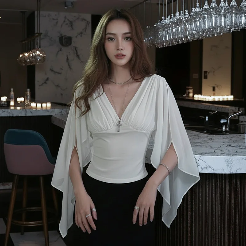 Solid Knitted Top Women Deep V Neck Split Cuff Sleeve Splicing Design Summer Sexy Clubwear Tops