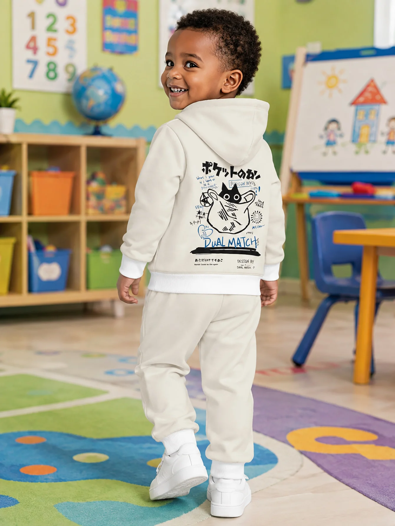 Hooded Zip Up Loose Sweatshirt Pants Set Cartoon Graffiti Print Off White Long Sleeve Crew Neck Loose Fit Boys Fall Winter New S
