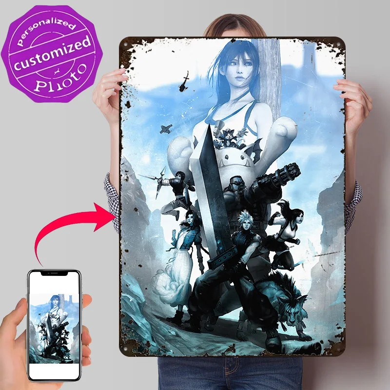 Fantasy VII Characters and Buster Sword 3D Texture Printed Poster Custom Vintage Metal Tin Plate Sign for Wall Art Man Cave Home