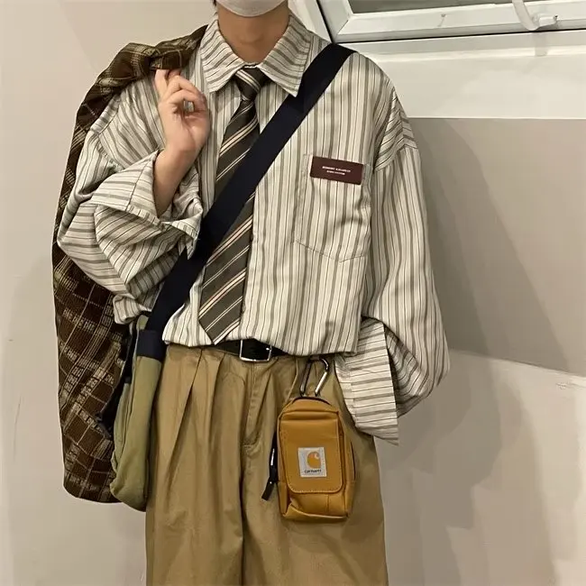 Retro Japanese Style Long Sleeve Striped Shirt Men's Casual Layering Shirt Spring Autumn Cityboy Style Youth Fashion