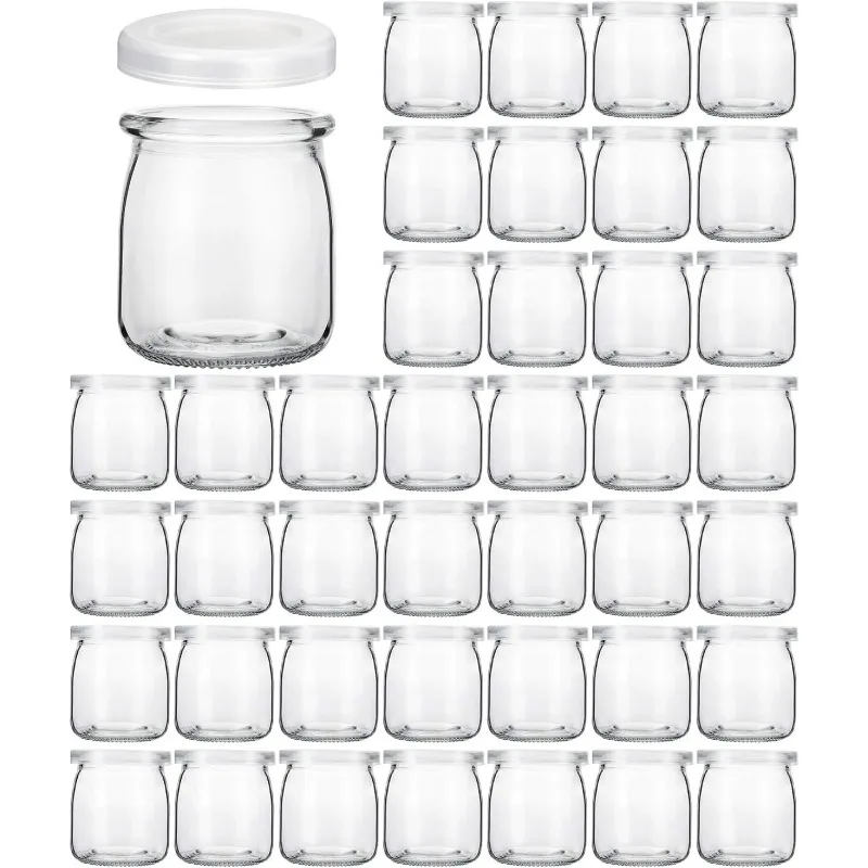 

40 PACK 6 oz Clear Yogurt Jars With PE Lids, Glass Ideal for Jam, Honey, Wedding, Shower Favors(200ml)