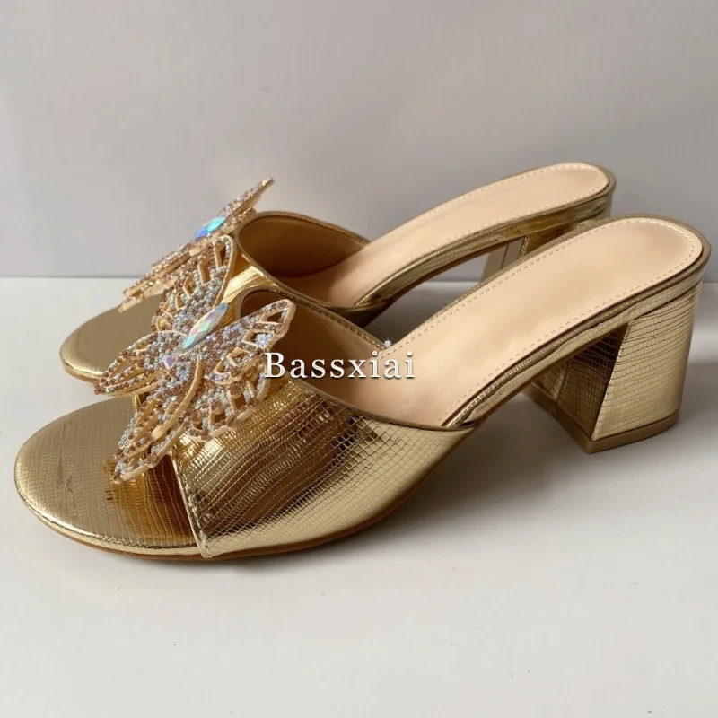 Women's Unique Crystal Diamond Flower Summer Mules Concise Style Med Heel Slingback Sandals Outwear