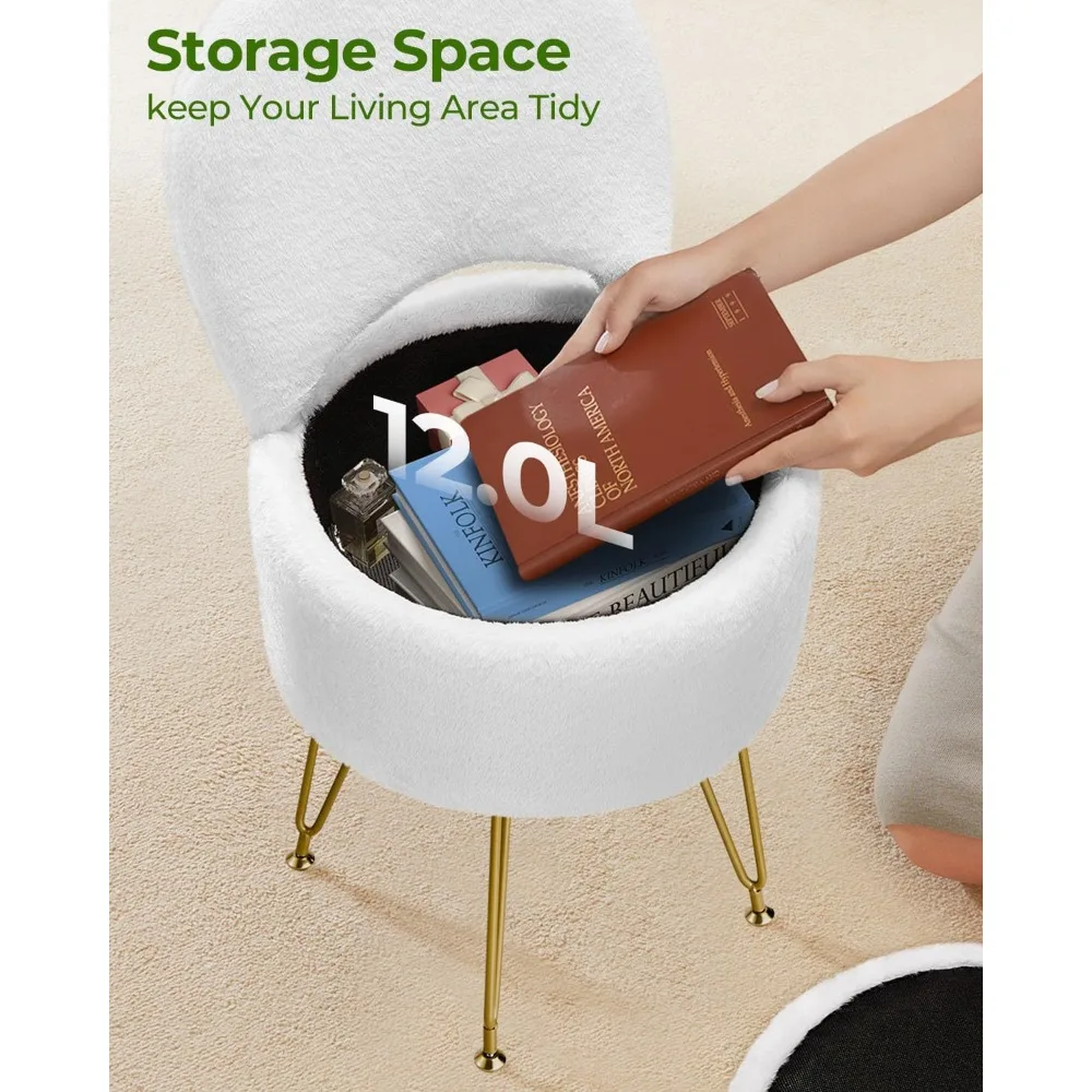 مقعد من الفرو الصناعي مع مساحة تخزين ومسند ظهر قابل للطي، كرسي عثماني 15.7 × 15.7 × 19.5 لغرفة نوم المكياج، أبيض #4