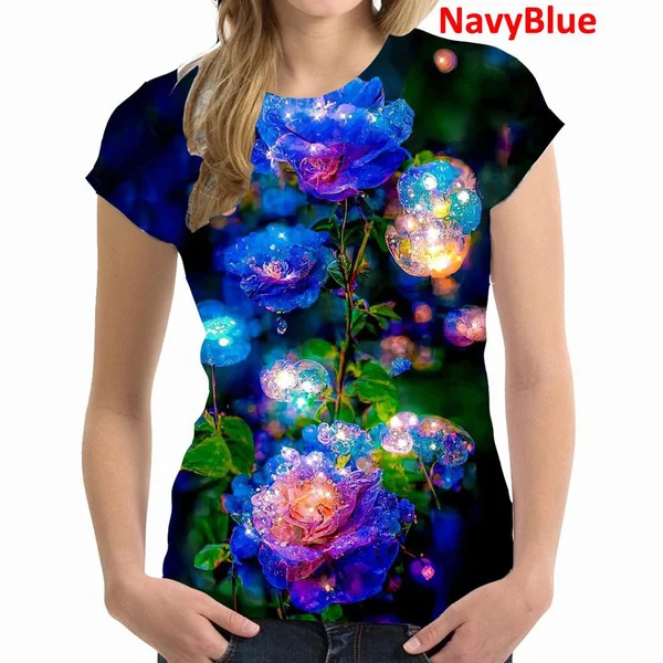 

Women's T-shirt O-neck Rose Flower Print Tops Tee Loose Casual Blouse Fashion Short Sleeve